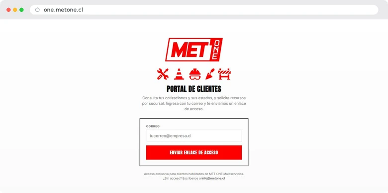 Pantalla de acceso del portal de clientes b2b.metone.cl de MET ONE